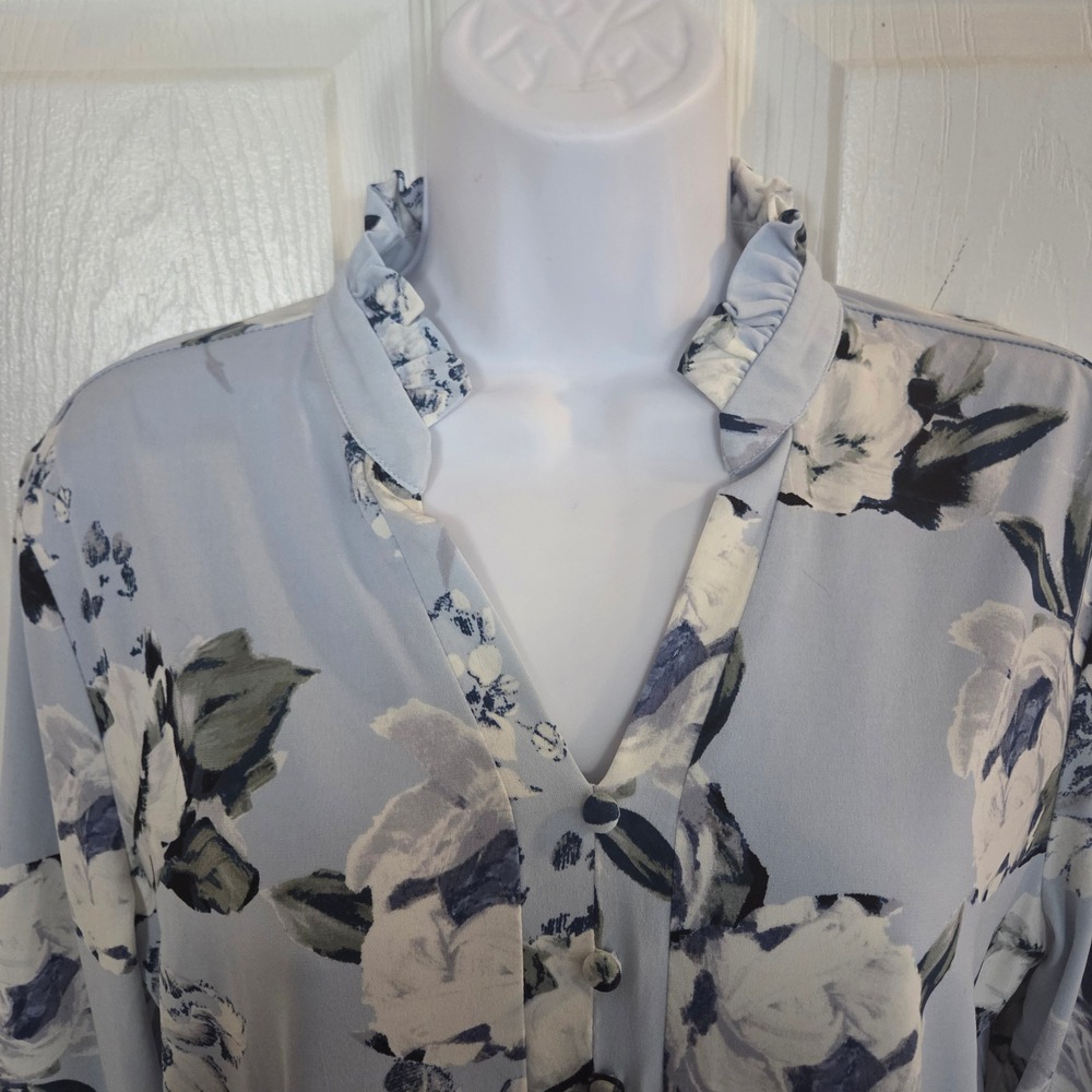 Karl Lagerfeld Paris Floral Ruffle Neck Blouse Blue Bell Sleeve Designer Small‎ - Picture 3 of 7